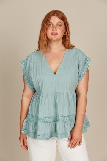 Fleur V-Neck Top - Seafoam