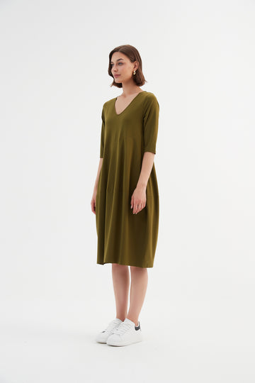 V Neck Diagonal Seam Dress - Moss