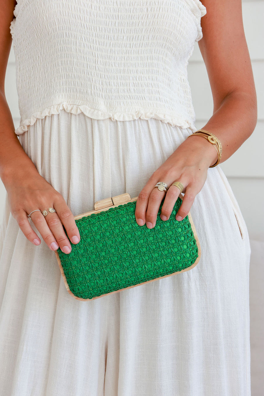 Timber Frame Woven Clutch Bag - Green