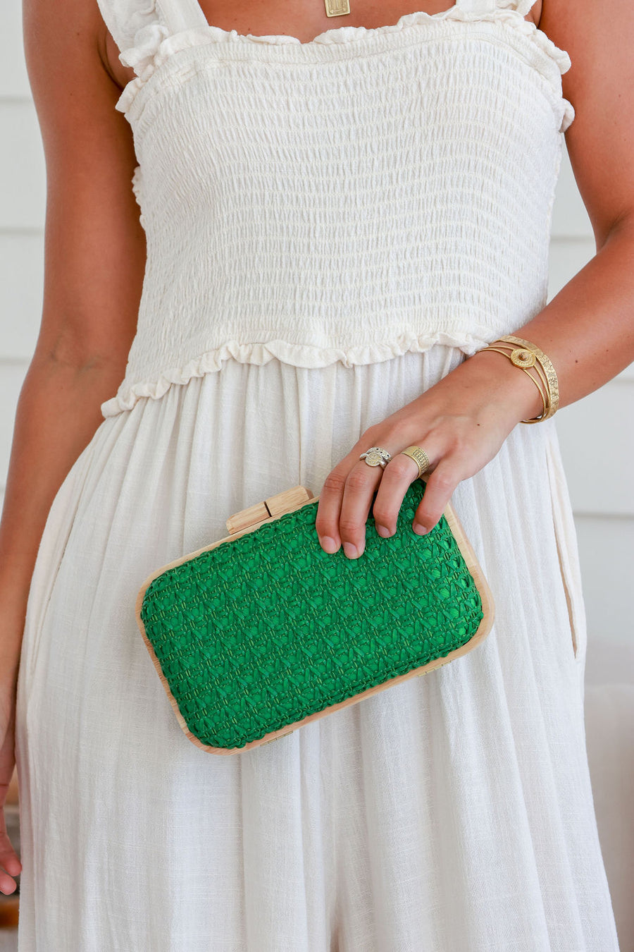 Timber Frame Woven Clutch Bag - Green