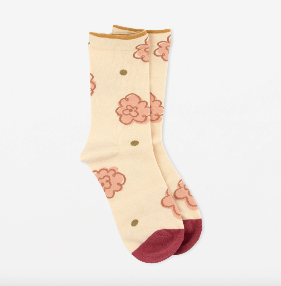 Sock - Cream with Pink Bloom Flowers