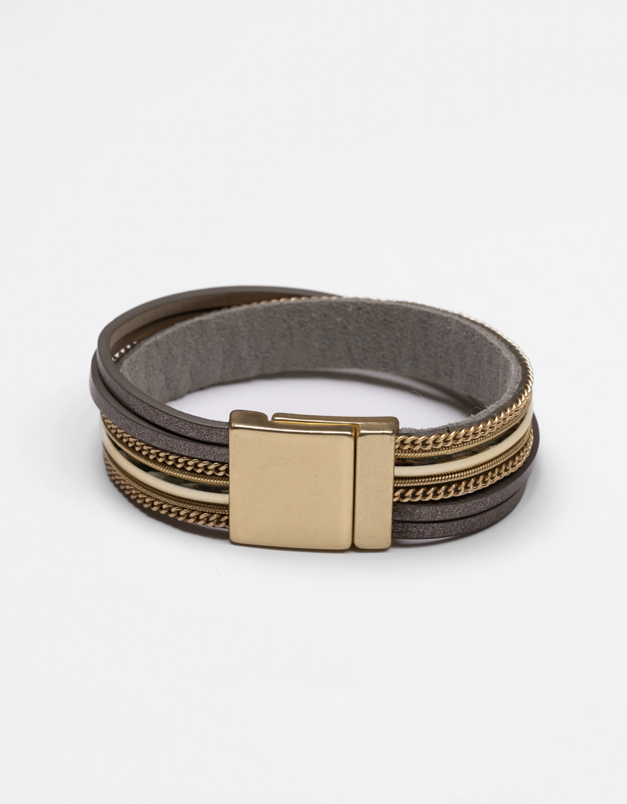 Bracelet  - Wrap Gold & Taupe on Grey Leather