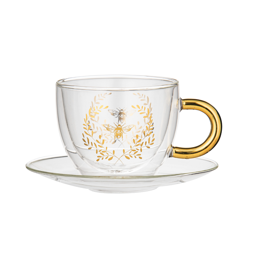 Elegant Bee Double Walled Glass Cup & Saucer