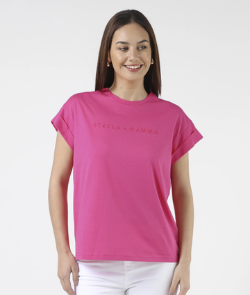 Cuff Sleeve T-Shirt with Embroidered Logo - Cerise Pink