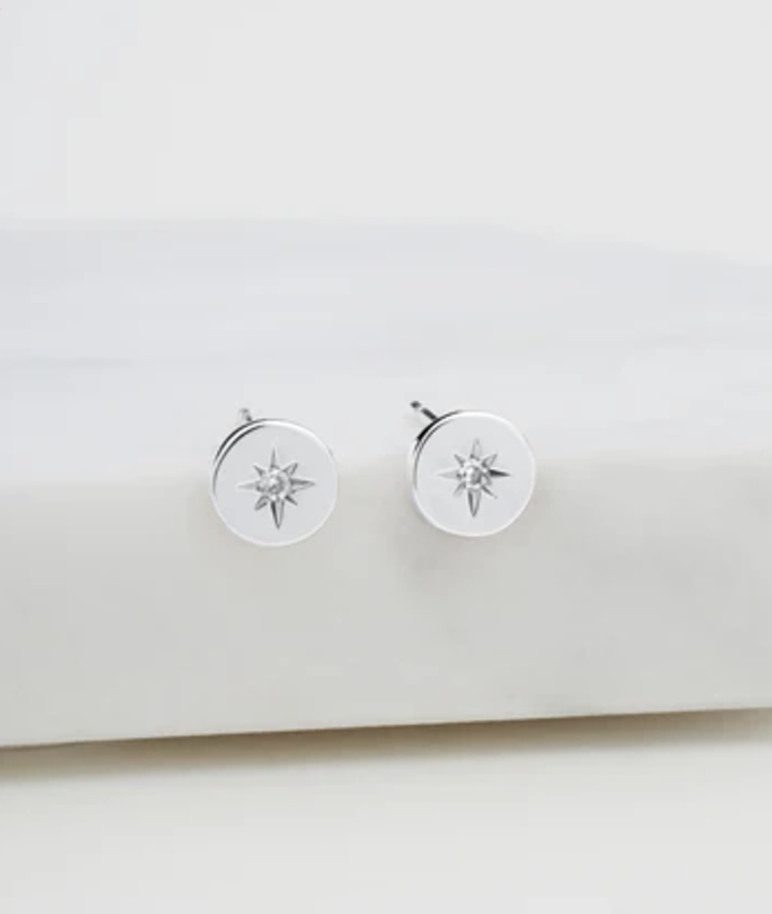 Crystal Disk Stud Earrings - Silver