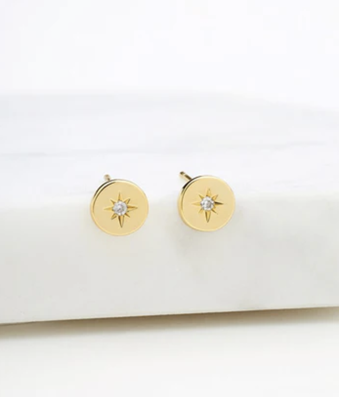 Crystal Disk Stud Earrings - Gold