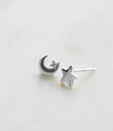 Star & Moon Stud Earrings - Silver