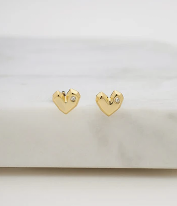 Crystal Heart Stud Earrings - Gold