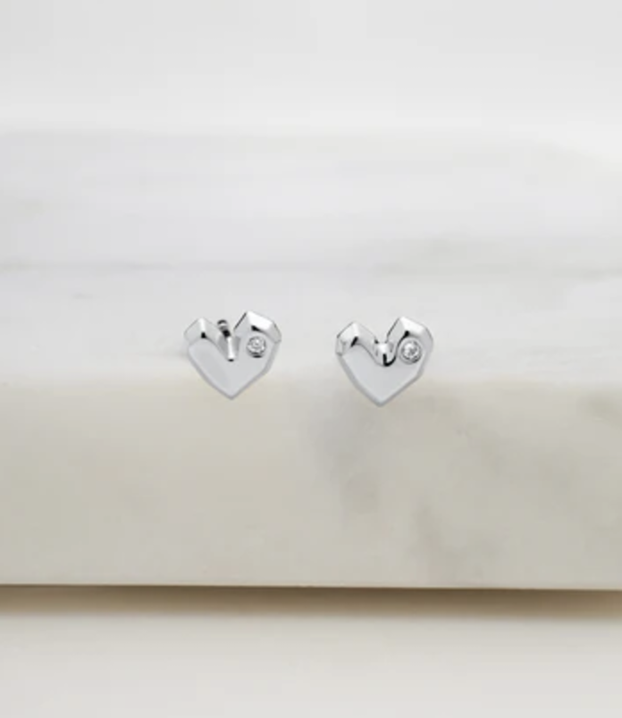 Crystal Heart Stud Earrings - Silver