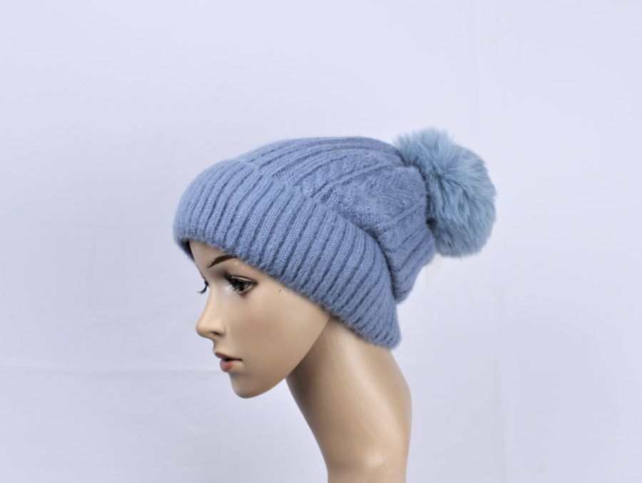 Pom Pom Cashmere Beanie Blue