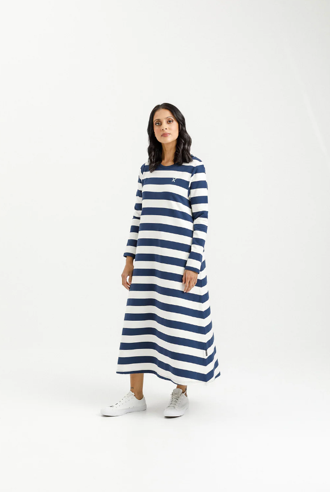 Kinsley Midi Dress - Indigo Blue Stripe with Mini X