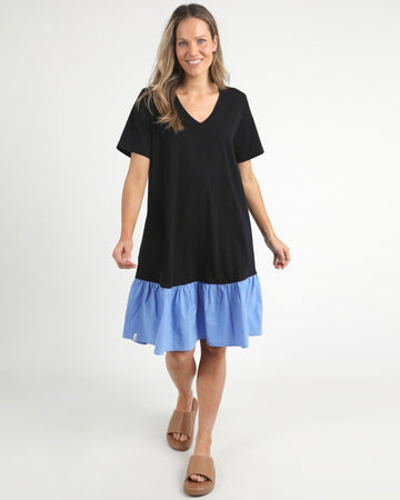 Elle V Neck Dress - Black/Cerulean Blue