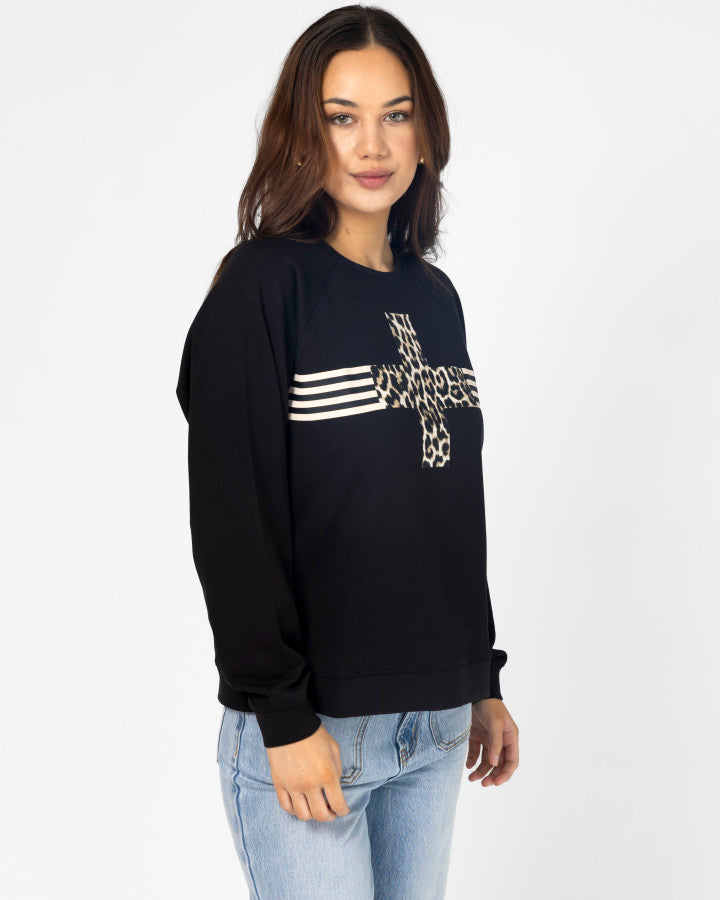 Everyday Sweater - Black Leopard Cross with Stripes