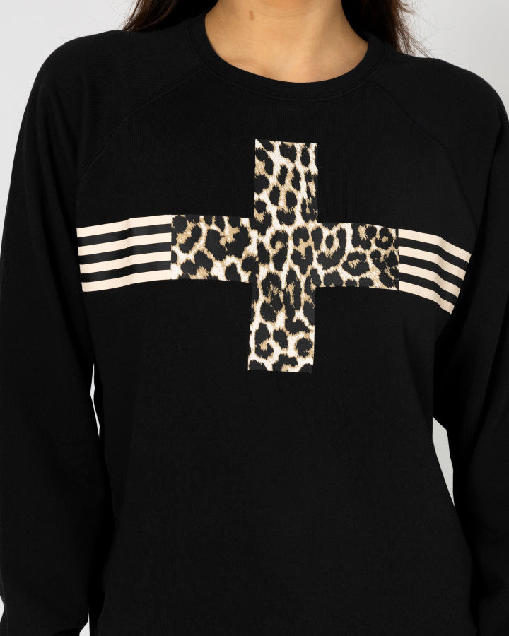 Everyday Sweater - Black Leopard Cross with Stripes