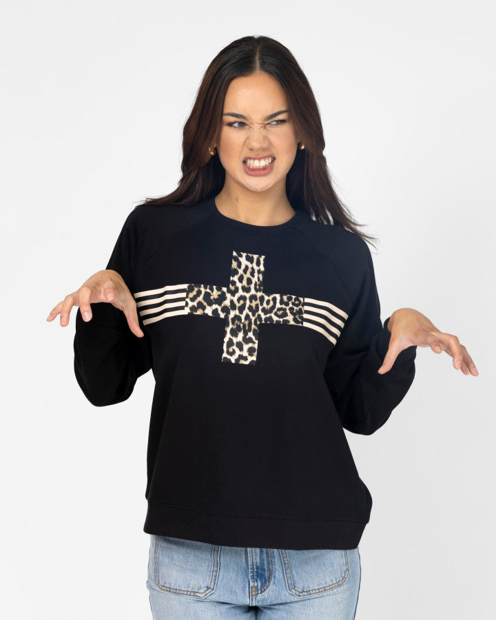 Everyday Sweater - Black Leopard Cross with Stripes