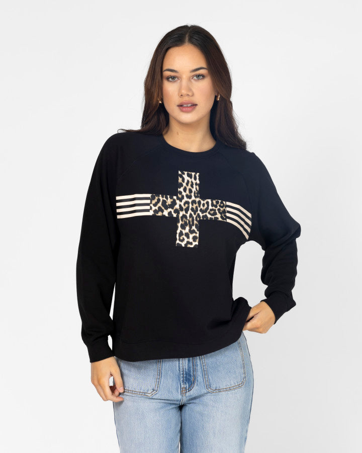 Everyday Sweater - Black Leopard Cross with Stripes