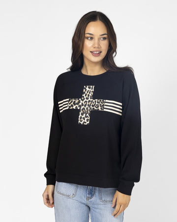 Everyday Sweater - Black Leopard Cross with Stripes