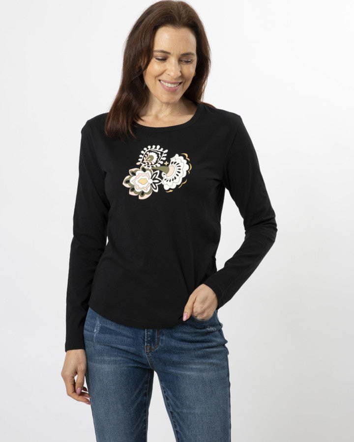 Long Sleeve Tee - Black Folk Floral