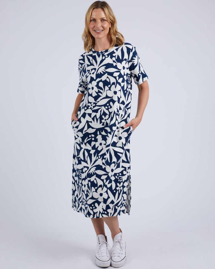 Stencil Floral Tee Dress - Naval Blue Floral