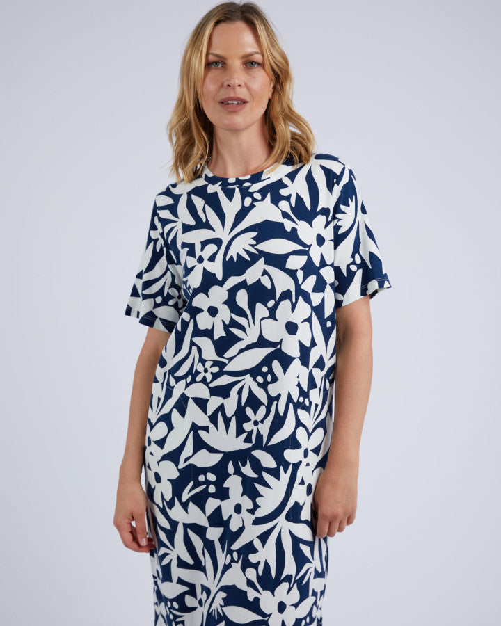 Stencil Floral Tee Dress - Naval Blue Floral