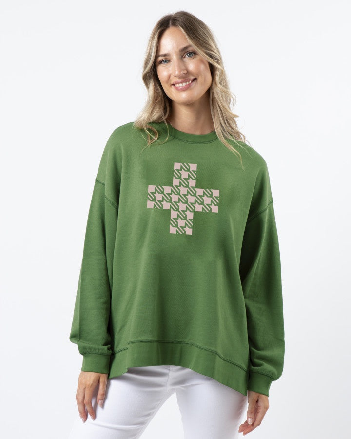 Sunday Sweater - Emerald with Blush Houndstooth