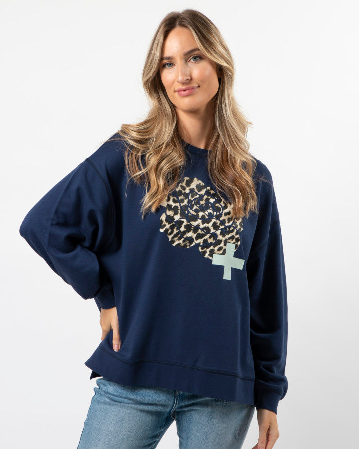 Sunday Sweater - Navy with Leopard Rose